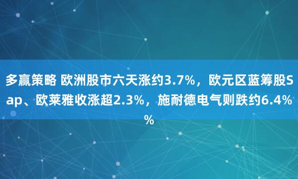 多赢策略 欧洲股市六天涨约3.7%，欧元区蓝筹股Sap、欧莱雅收涨超2.3%，施耐德电气则跌约6.4%